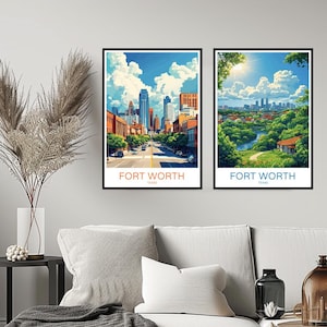 Poster di viaggio di Fort Worth, Texas, stampa di viaggio di Fort Worth, Texas, contea di Tarrant, decorazione da parete per la casa, tela, viaggio, USA, illustrazione, regalo, decorazione per la stanza