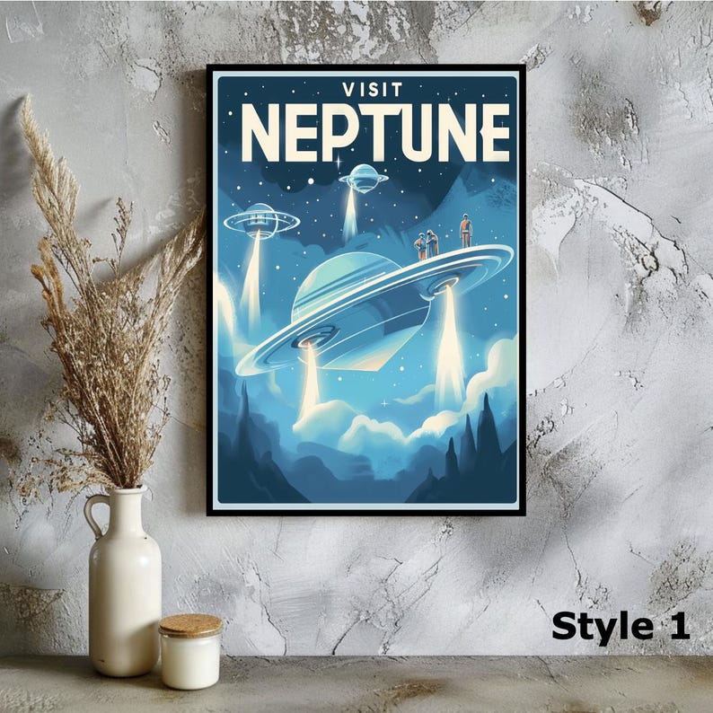 May include: A framed poster with a retro-style illustration of flying saucers over a planet, with the text "VISIT NEPTUNE" in white. The artwork features a blue and teal color scheme, with stylized mountains and clouds.