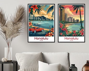 Honolulu Hawaii Travel Poster Print Wall Art Hawaii Honolulu Beach Aloha Wall Poster Home Decor Canvas Poster Designer Retro Honolulu Sunset