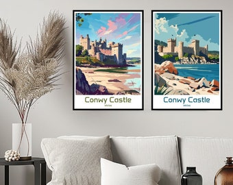 Cartaz de viagem do Castelo de Conwy, Norte de Gales, impressão de parede, cartaz de parede do Castelo de Conwy, decoração de casa, tela, viagem, País de Gales, presente, ilustração