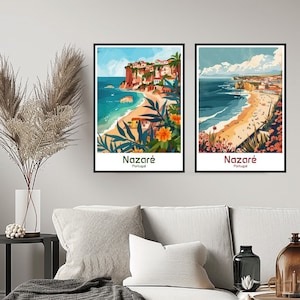 Nazaré Portugalia Plakat Podróż Wydruk Nazaré Portugalia Sztuka ścienna Wystrój pokoju Płótno Podróż Prezent Ilustracja Dekoracja pokoju