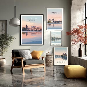 Minimalist Czech Republic Travel Poster Prague Charles Bridge Castle Modern Wall Art Nature Landscape Print