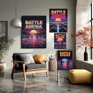 Synth Battle Arena Retro Gaming Poster Pixel Art Neon Vaporwave Synthwave Arcade Futuristic Wall Decor 80s Video Game Style Print