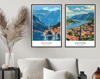 May include: Two framed prints of Kotor, Montenegro. The top print shows a view of the city from the water, with a church in the center. The bottom print shows a closer view of the city, with buildings and a bell tower.