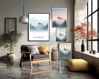 Minimalist Germany Travel Poster Neuschwanstein Castle Bavarian Alps Modern Wall Art Scandinavian Style Nature Landscape Print