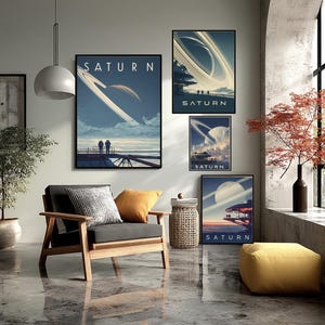 Futuristic Saturn Travel Poster Retro Sci Fi Ringed Planet Art Astronaut Station Printable Space Wall Art Saturn Decor Space Illustration