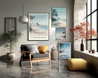 Poster di viaggio con stampa artistica di Coronado Beach, California, decorazione murale minimalista di San Diego, regalo di viaggio sulla costa della California, arredamento moderno per la casa sulla spiaggia