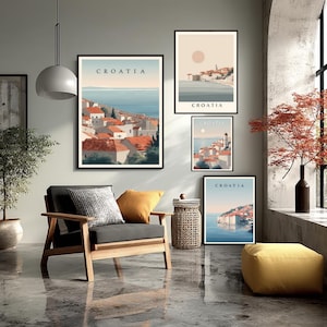 Minimalist Croatia Travel Poster Dubrovnik Old Town Adriatic Coast Modern Wall Art Nature Landscape Print