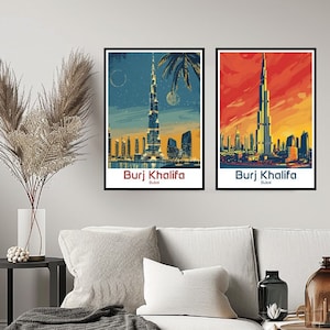 Burj Khalifa Dubai Poster Travel Print Wall Burj Khalifa Poster Wall Art Home Decor Canvas Burj Khalifa Retro  Dubai Travel Illustration