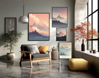 エベレストの壁アート、ヒマラヤ山脈のプリント、ネパール旅行ポスター