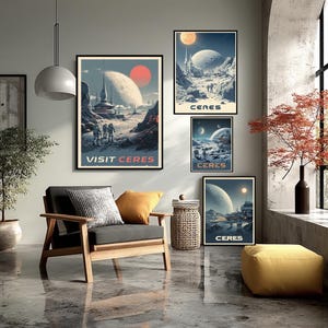 May include: A modern living room with framed space-themed art. The art features planets and the text "VISIT CERES" and "CERES". The room includes a gray armchair with cushions, a yellow footstool, and a potted plant. The floor is a glossy grey.