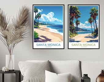 Póster de viaje de Santa Mónica, California, Estados Unidos, arte de pared, decoración del hogar, lienzo, regalo de viaje, decoración de habitación