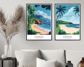 Puede incluir: Dos impresiones enmarcadas de escenas de playa tropical con palmeras, agua azul y arena blanca. Las impresiones tienen el texto "Hawaii, Estados Unidos" en la parte inferior.