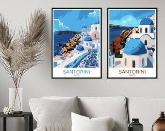 Póster de viaje de Santorini, Grecia, impresión de la isla de Santorini, Thira, mar Egeo, decoración de pared para el hogar, lienzo, ilustración de Grecia, regalo de viaje, decoración
