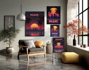Neon Miami Skyline Poster With Retro Sunset, Palm Trees And Art Deco Beach Vibes In Vaporwave Synthwave Style For Wall Decor