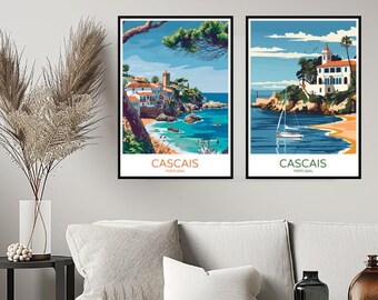 Cascais Portugal Poster Travel Print Lisbon Cascais Portuguese Riviera Wall Home Decor Canvas Travel Portugal Illustration Gift Decoration