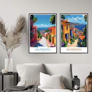 May include: Two colorful illustrations of Valparaiso, Chile. The illustrations feature brightly colored buildings, cobblestone streets, and a view of the ocean.