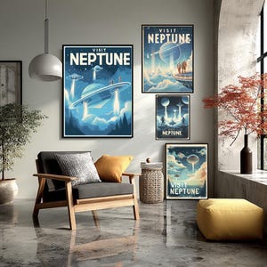 May include: A living room scene featuring framed art prints with a retro travel theme. The prints display the text "VISIT NEPTUNE" with illustrations of UFOs and a planet. The room includes a wooden armchair, a yellow ottoman, and a potted plant.