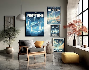 Neptune Planet Poster Solar System Art Space Print Sci Fi Wall Decor Futuristic Travel Gift Astronomy Design