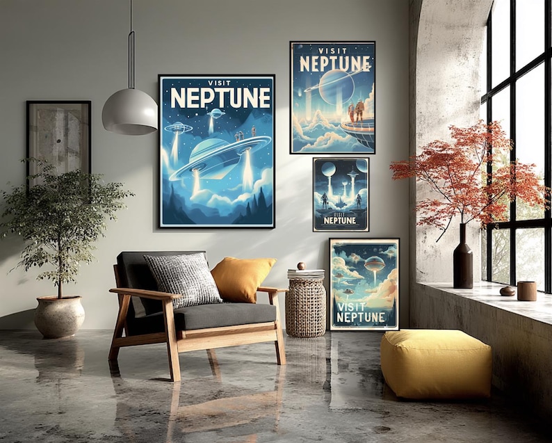 May include: A living room scene featuring framed art prints with a retro travel theme. The prints display the text "VISIT NEPTUNE" with illustrations of UFOs and a planet. The room includes a wooden armchair, a yellow ottoman, and a potted plant.