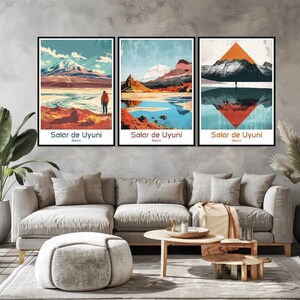 May include: Three framed prints with a landscape scene of mountains, water, and sky. Each print has the text "Salar de Uyuni" and "Bolivia" at the bottom.
