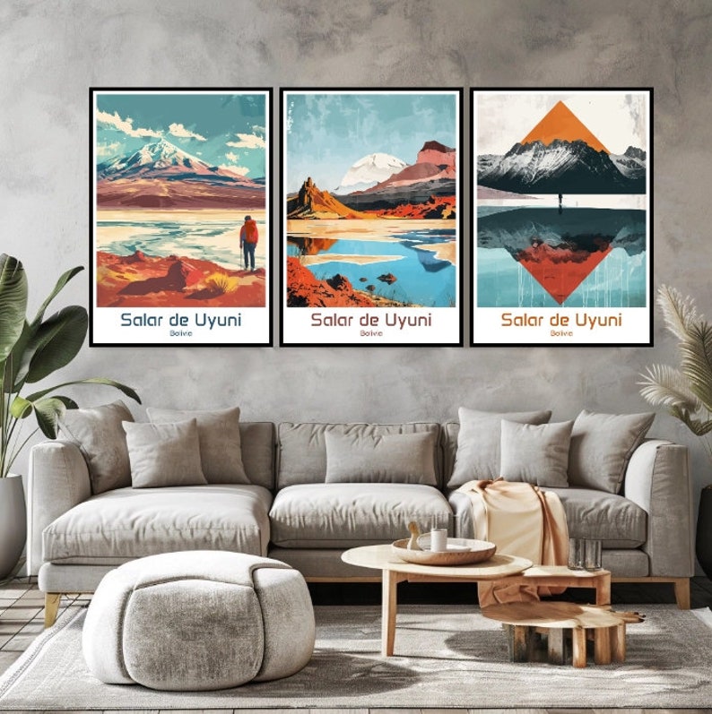 May include: Three framed prints with a landscape scene of mountains, water, and sky. Each print has the text "Salar de Uyuni" and "Bolivia" at the bottom.