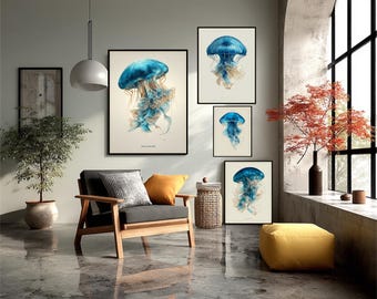 Mediterranean Sea Jellyfish Wall Art Minimalist Marine Poster Jellyfish Print Europe Coastal Decor Jellyfish Watercolor Nature Art Gift