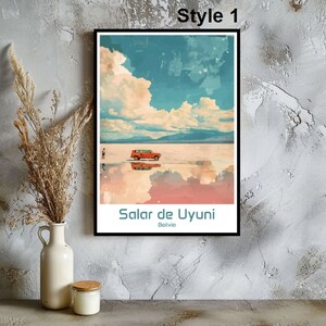 May include: A vintage-style poster featuring a red car driving on a salt flat with a reflection of the car and clouds in the water. The poster has the text "Salar de Uyuni, Bolivia" at the bottom.