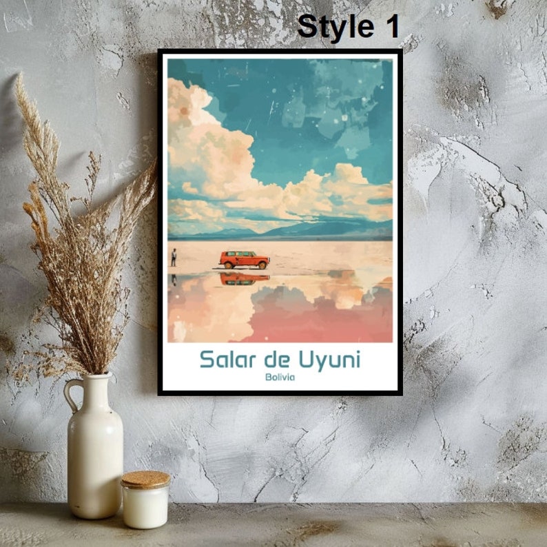 May include: A vintage-style poster featuring a red car driving on a salt flat with a reflection of the car and clouds in the water. The poster has the text "Salar de Uyuni, Bolivia" at the bottom.