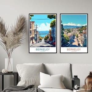 Peut inclure: Deux illustrations encadrées de Berkeley, en Californie. L'image de gauche montre une rue avec des maisons des deux côtés, menant à une vue sur une baie. L'image de droite montre une rue avec des maisons des deux côtés, menant à une vue sur un horizon urbain.