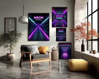 May include: A modern interior featuring framed art prints with a neon tunnel design. The prints display a futuristic tunnel with vibrant purple and blue hues. The room includes a wooden armchair, a yellow ottoman, and a potted plant.