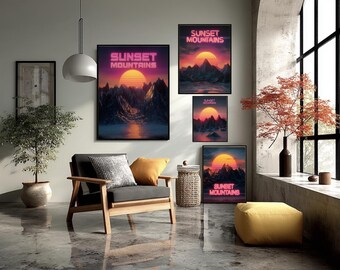 Laser Sunset Mountains Vaporwave Poster Neon Retro Landscape Synthwave 80s Wall Art