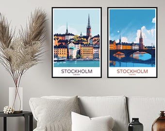 ストックホルムのスカイライン、スウェーデンのポスター旅行プリント、ストックホルムの夕日、バルト海、壁、ホームデコレーション、キャンバス旅行、スウェーデンのイラスト、ギフトデコレーション