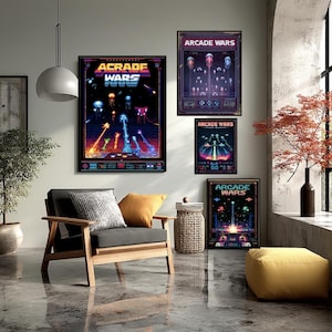 May include: A living room scene featuring framed "Arcade Wars" posters. The posters have a retro video game aesthetic with vibrant colors. A wooden armchair with pillows, a yellow ottoman, and a potted plant are also visible.