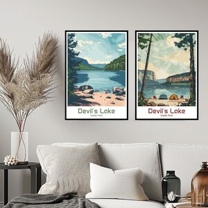 May include: Two vintage-style illustrations of Devil's Lake State Park. The first image shows a lake with a sandy beach and trees in the background. The second image shows a lake with a campsite and trees in the background. Both images have the text "Devil's Lake State Park" at the bottom.