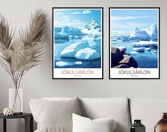 May include: Two framed prints of a landscape scene with a blue sky, white clouds, and a glacier lagoon in Iceland. The prints feature the text "Jökulsárlón Iceland".