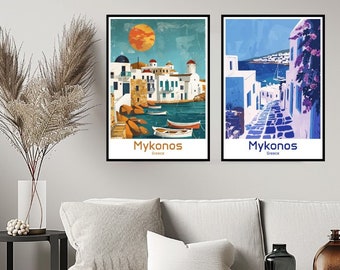 Mykonos Greece Poster Travel Print Wall Greece Mykonos Poster Wall Art Home Decor Canvas Greece Retro  Mykonos Travel Illustration