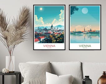 Ligne d'horizon de vienne autriche affiche impression de voyage fleuve Danube vienne coucher de soleil mur décor à la maison toile voyage autriche Illustration cadeau décoration