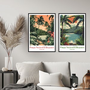 May include: Two vintage travel posters showcasing scenic views of Parque Nacional El Boquerón in El Salvador. The posters feature lush green foliage, a blue lake, and a mountain range in the background. The text on the posters reads "Parque Nacional El Boquerón, El Salvador."