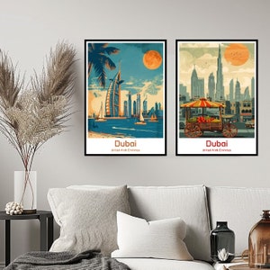 Dubai Poster Travel Print Wall Burj Khalifa Poster Wall Art Home Decor Canvas United Arab Emirates Retro  Dubai Travel Illustration