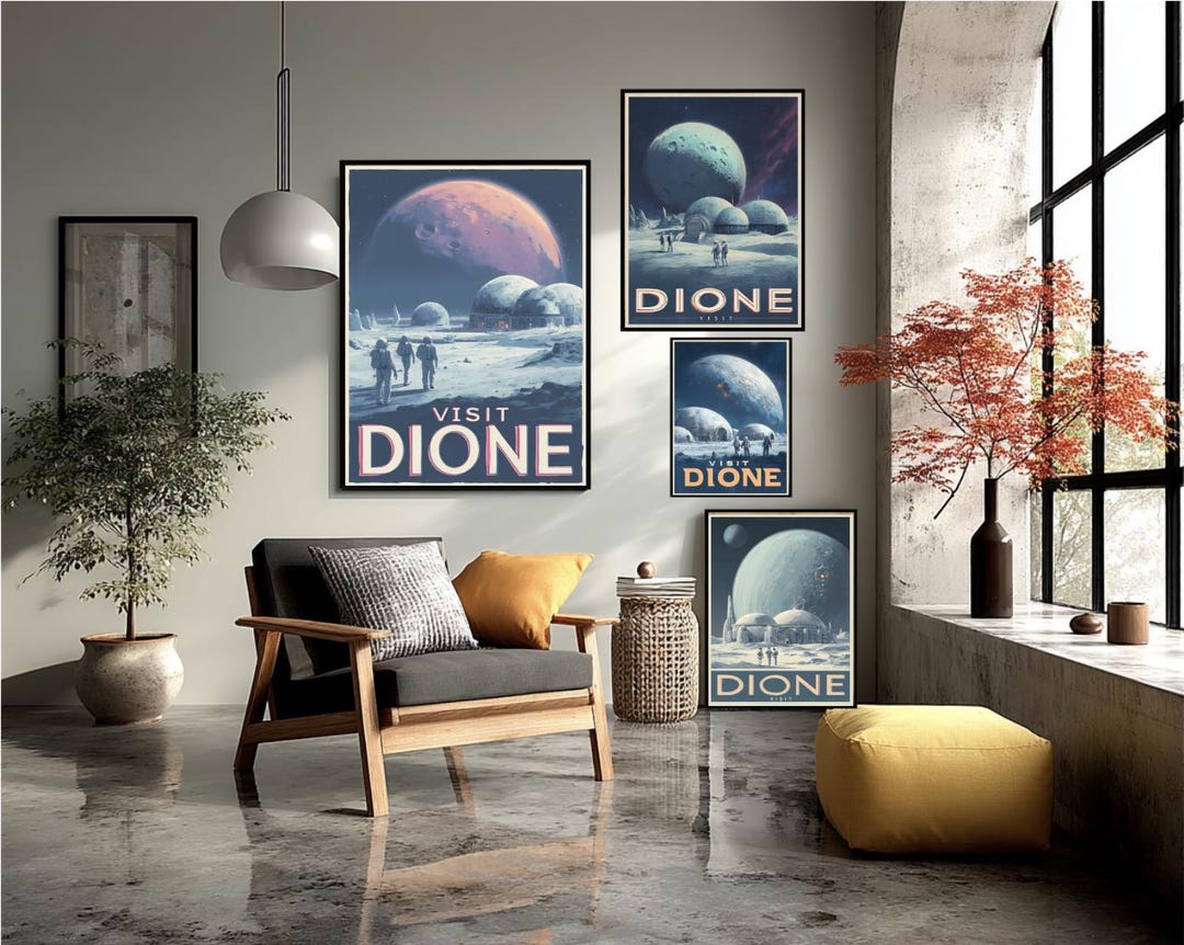 Futuristic Dione Travel Poster Saturn Moon Sci Fi Colony Retro Futurism ...