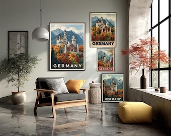 Vintage Germany Travel Poster With Neuschwanstein Castle And Bavarian Alps Retro Illustration