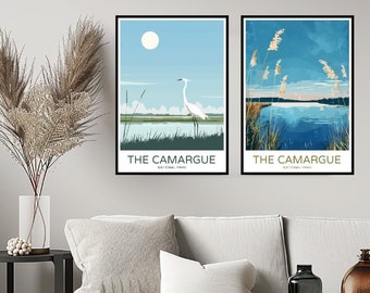 Póster de viaje del parque natural de Camargue Francia, impresión de viaje, pared del parque de la Camarga, decoración del hogar, lienzo de viaje, Francia, regalo, decoración de habitación