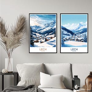 Poster di viaggio di Lech, Austria, stampa di Lech am Arlberg, stazione sciistica, Alpi, montagna, decorazione per la casa, tela, viaggio, Austria, illustrazione, regalo, decorazione