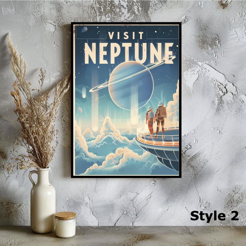 May include: A framed poster with a retro-style illustration of Neptune. The artwork features a large planet with rings, two figures in space suits, and the words "VISIT NEPTUNE". The color palette includes blues, oranges, and whites.