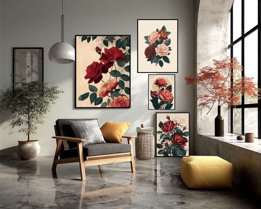 Rose Botanical Poster Vintage Floral Wall Art Retro 70s Red Pink Flower ...