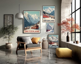 May include: A living room scene featuring framed vintage travel posters of Switzerland. The posters depict a red train traveling through a snowy mountain landscape. The room includes a wooden armchair with gray cushions, a yellow ottoman, and a potted plant.