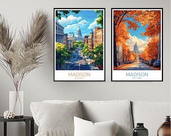 Madison Wisconsin Poster Reise Druck Madison Dane County USA Wand Wohnkultur Leinwand Reise Geschenk Zimmer USA Dekoration Illustration