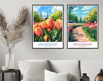 May include: Two framed prints of the Keukenhof Gardens in the Netherlands. The left print features a close-up of colourful tulips with a church in the background. The right print shows a path lined with tulips leading to a building in the distance.