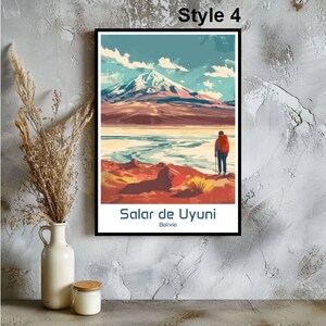 May include: A vintage travel poster featuring a scenic view of Salar de Uyuni, Bolivia. The poster depicts a snow-capped mountain range, a vast salt flat, and a lone hiker in the distance. The text "Salar de Uyuni, Bolivia" is printed at the bottom of the poster.